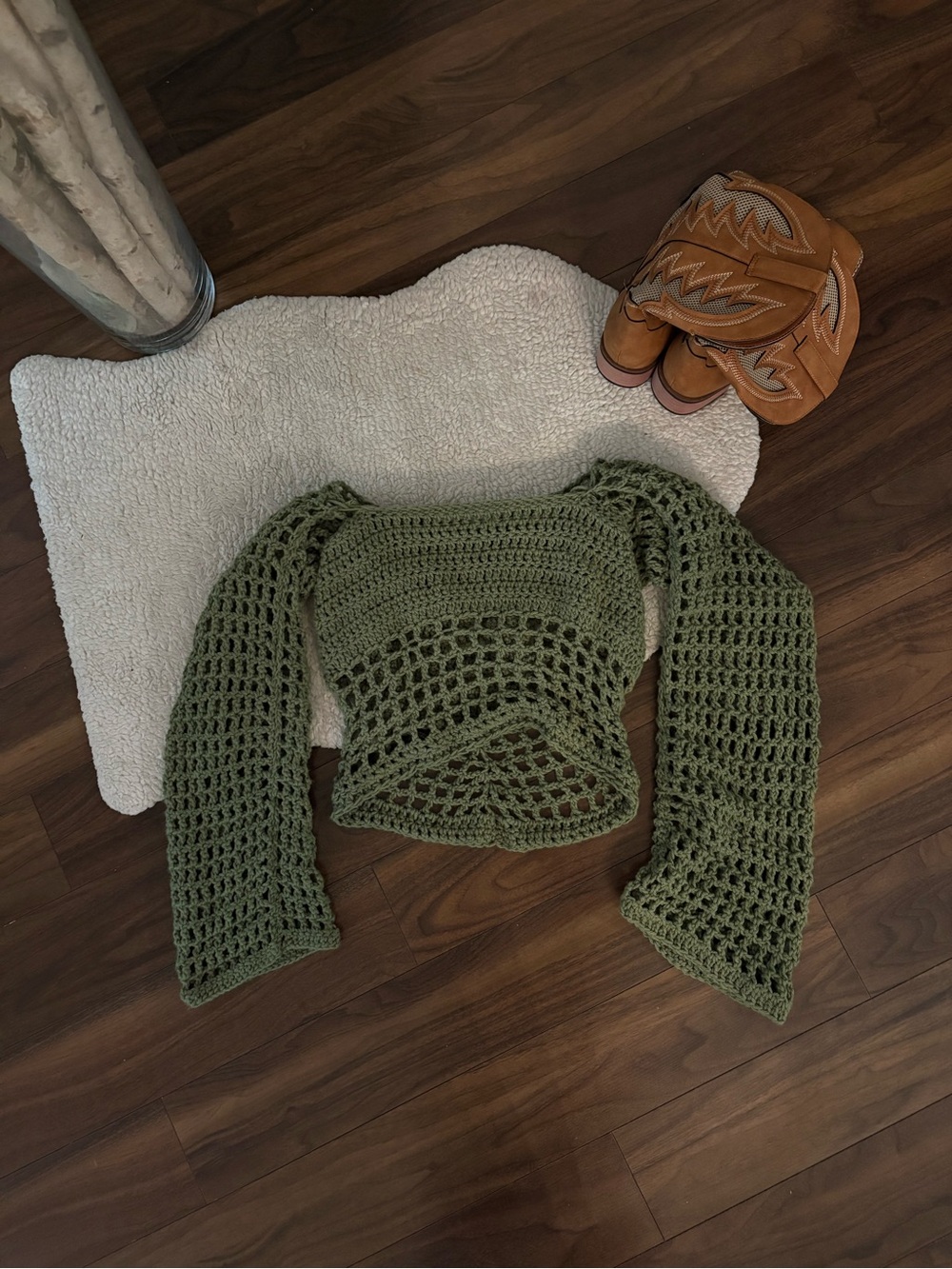 Olive Green Crochet Openwork Crop Sweater